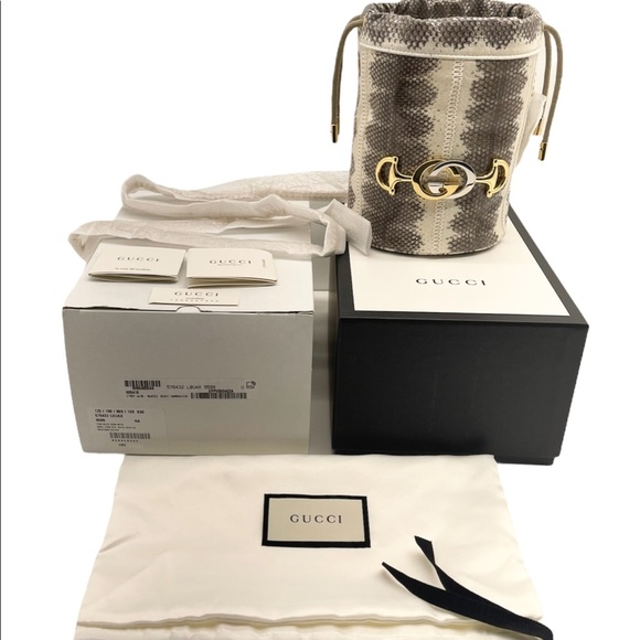 Gucci New With Box Bucket Mini Chain Grey/Ivory Snakeskin Leather Crossbody Pur… - Picture 3 of 12